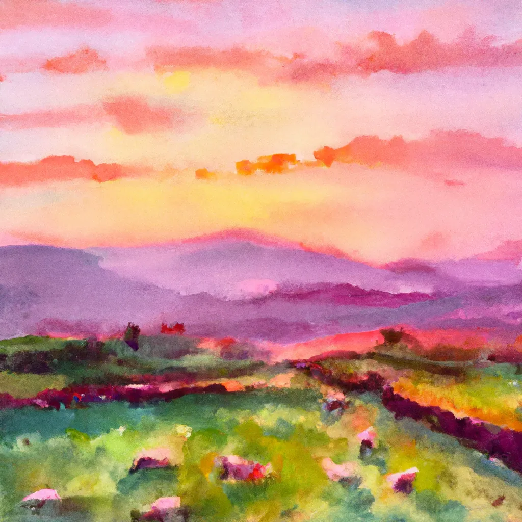 An enchanting sunrise paints the sky in vibrant pinks and oranges over a picturesque landscape of rolling green hills, dotted with sheep and ancient stone walls.