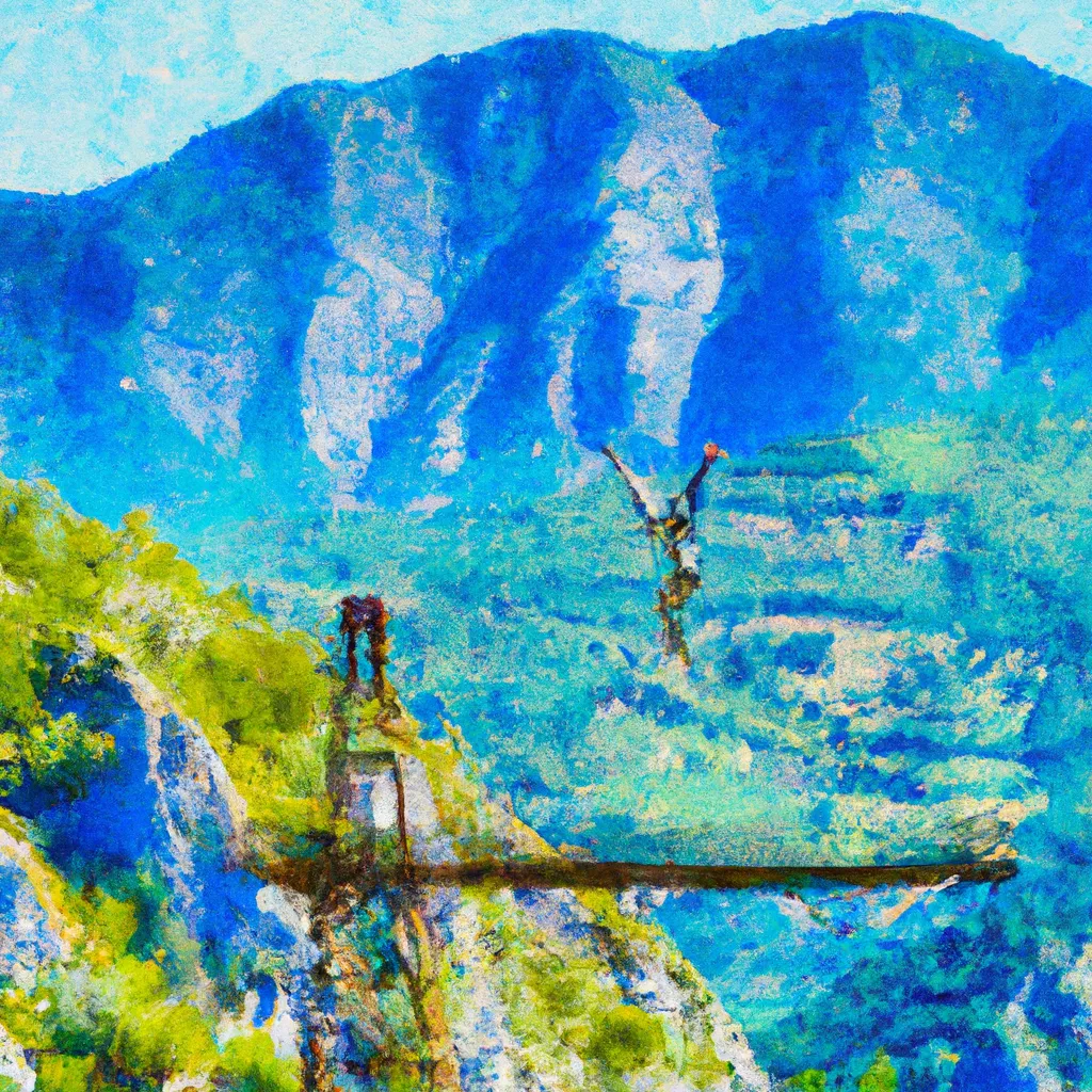 A person is bungee jumping from a platform with a beautiful mountain landscape below them.