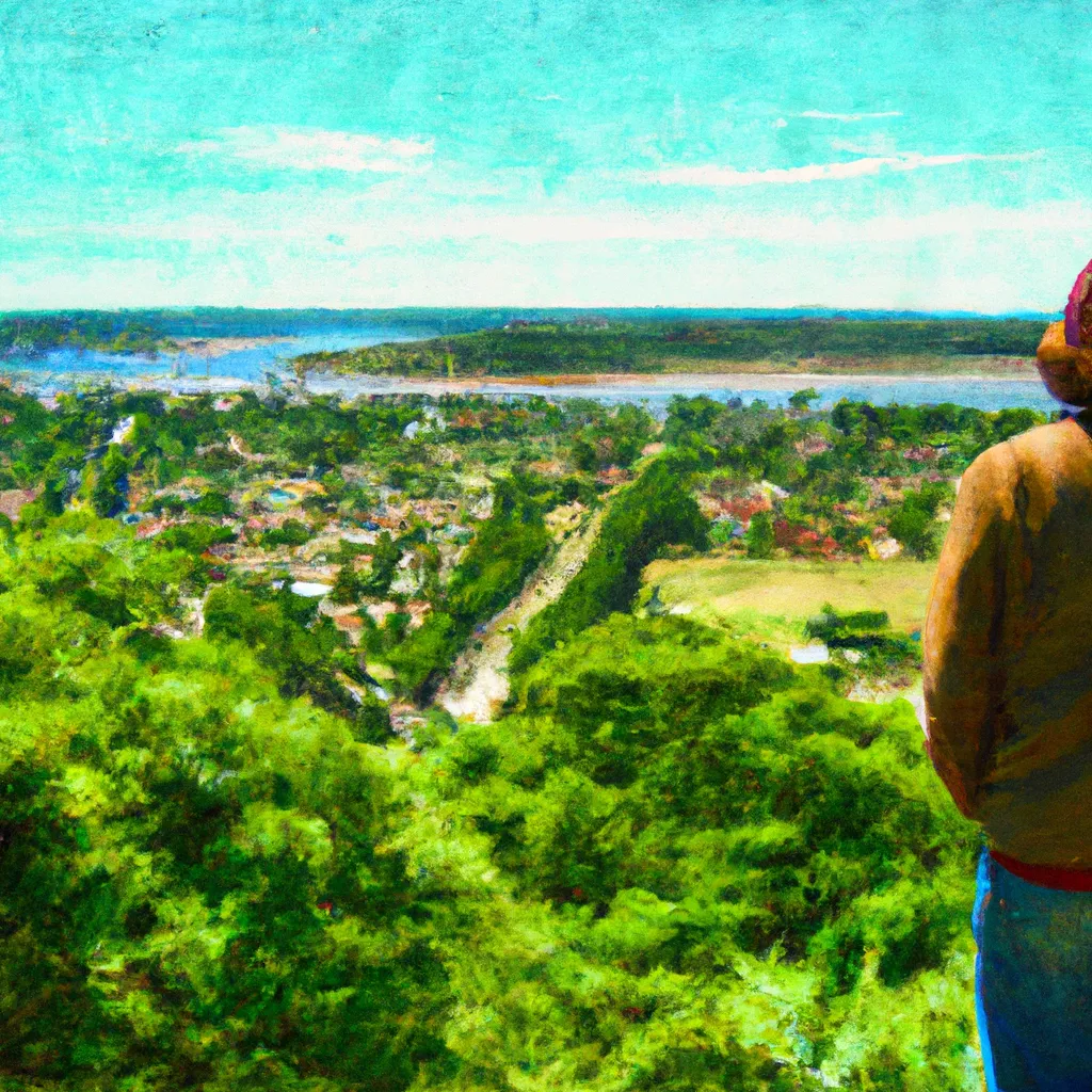 A person standing at the top of a hill in Ciudad de Guichón, looking out at the panoramic view of the town, Uruguay River, and surrounding countryside.