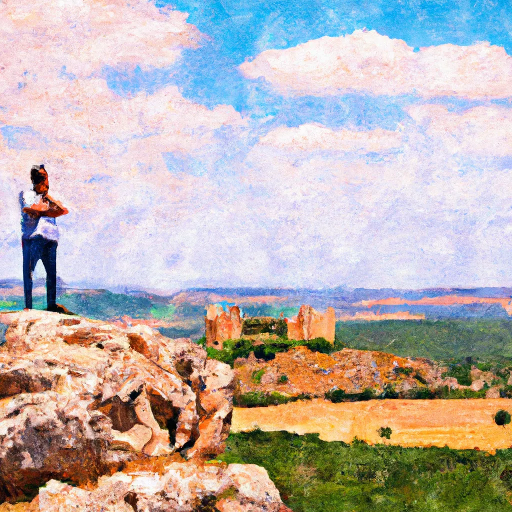 A person standing at the Mirador de los Peñoncillos, looking out at a stunning panoramic view of Castillo de Locubín and the surrounding countryside.