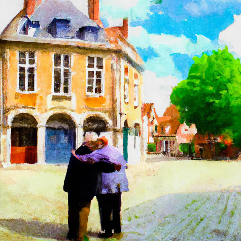 In the town center of Tielt, Belgium, there is a heartwarming reunion between two old friends, who embrace with laughter and joy.