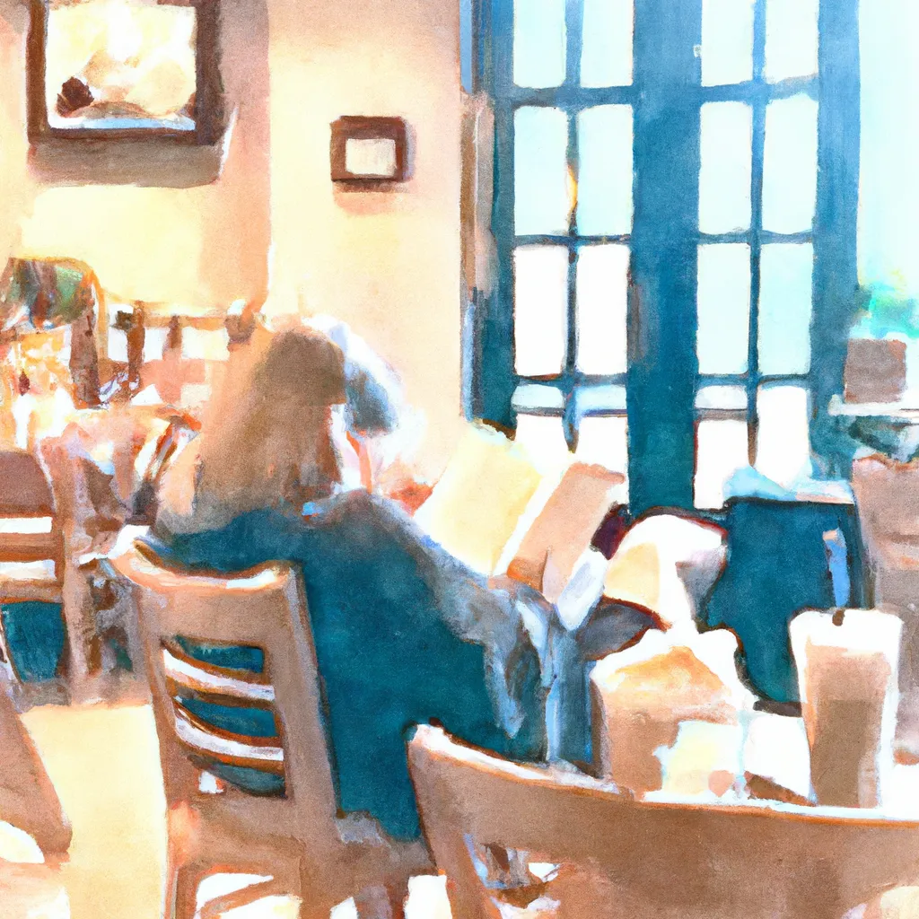 A person sitting in a cozy corner of a café-bookstore, sipping a latte and reading a book.