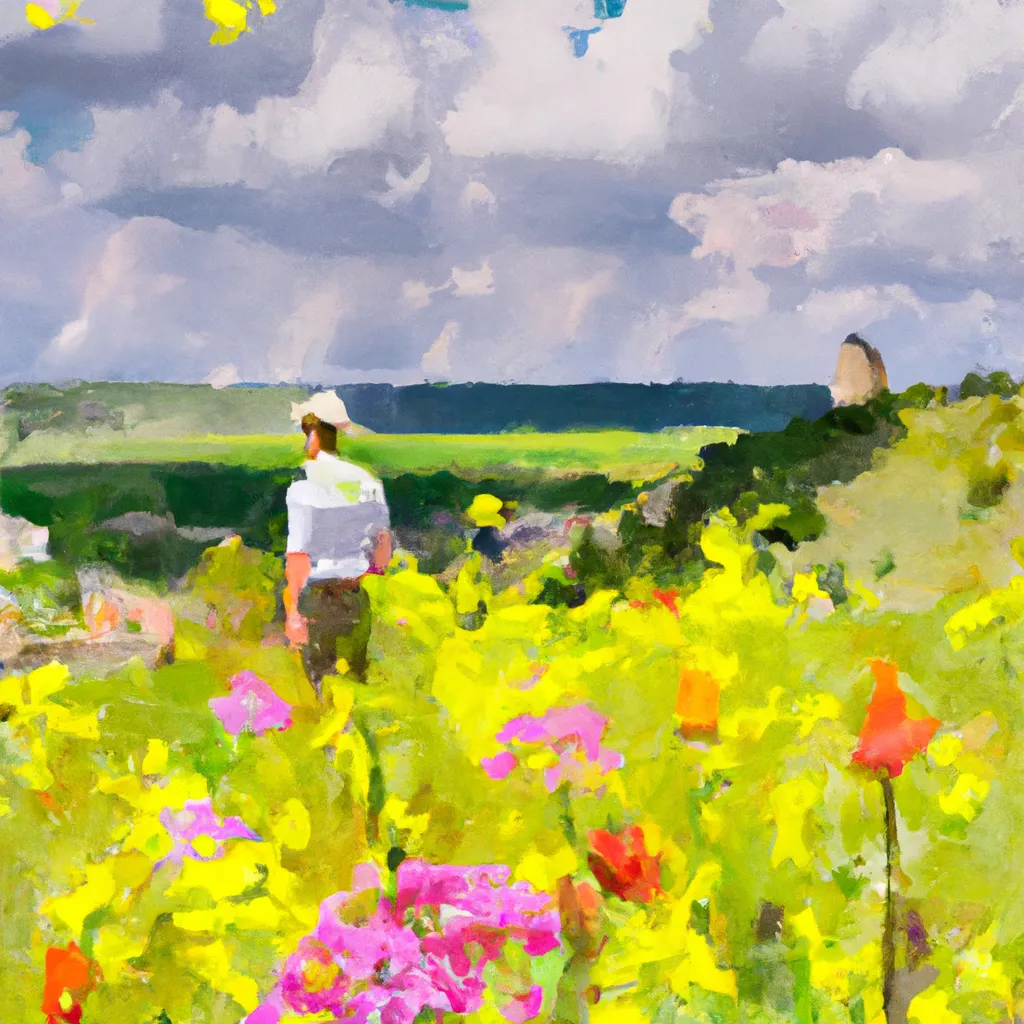 A traveler stands atop the Tour Vingtain in Mornant, France, captivated by the stunning view of the lush green fields and vibrant wildflowers stretching out before them.