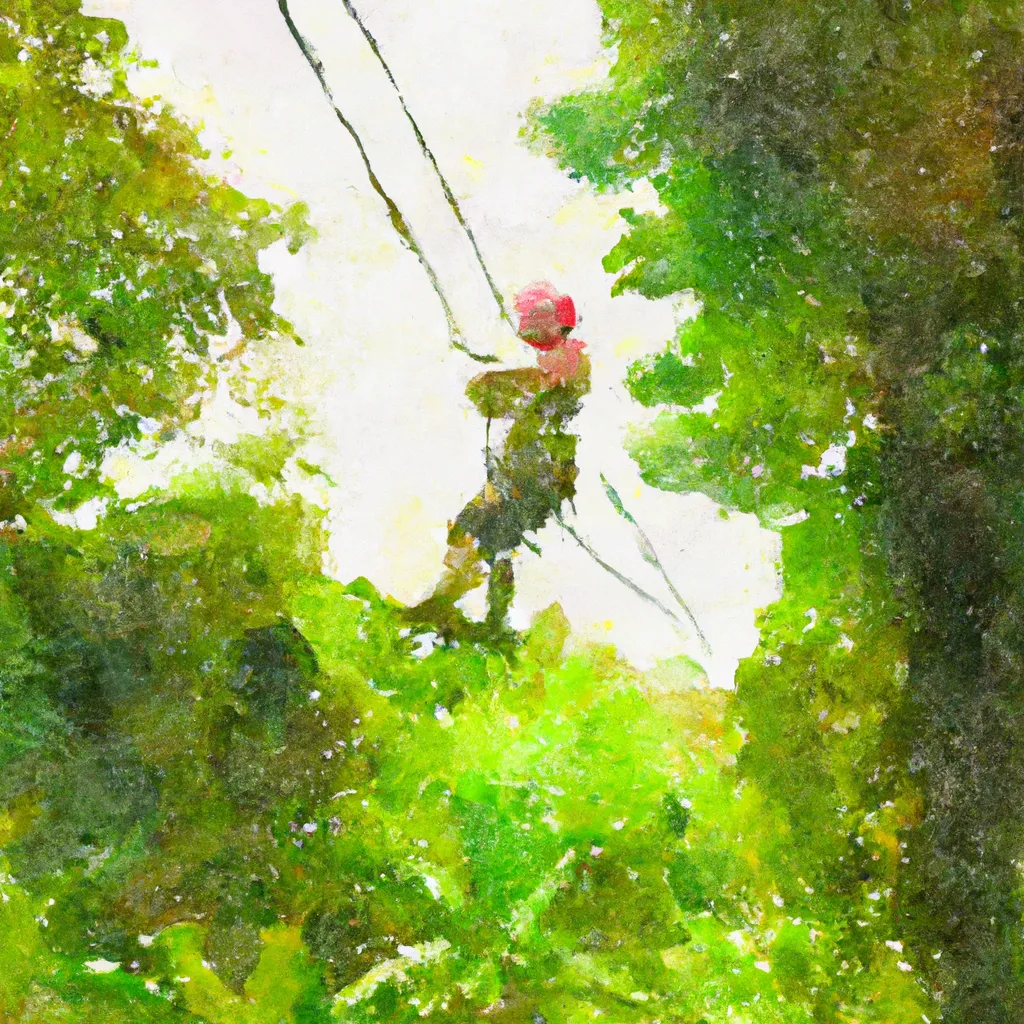 A person ziplining through the lush rainforest canopy, suspended high above the treetops, with a look of excitement and determination on their face.