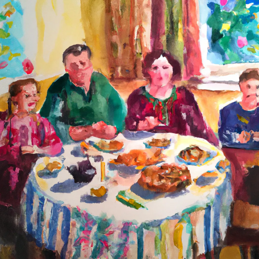 A warm and welcoming Ukrainian family sitting around a table, enjoying a traditional meal together in their beautiful home.