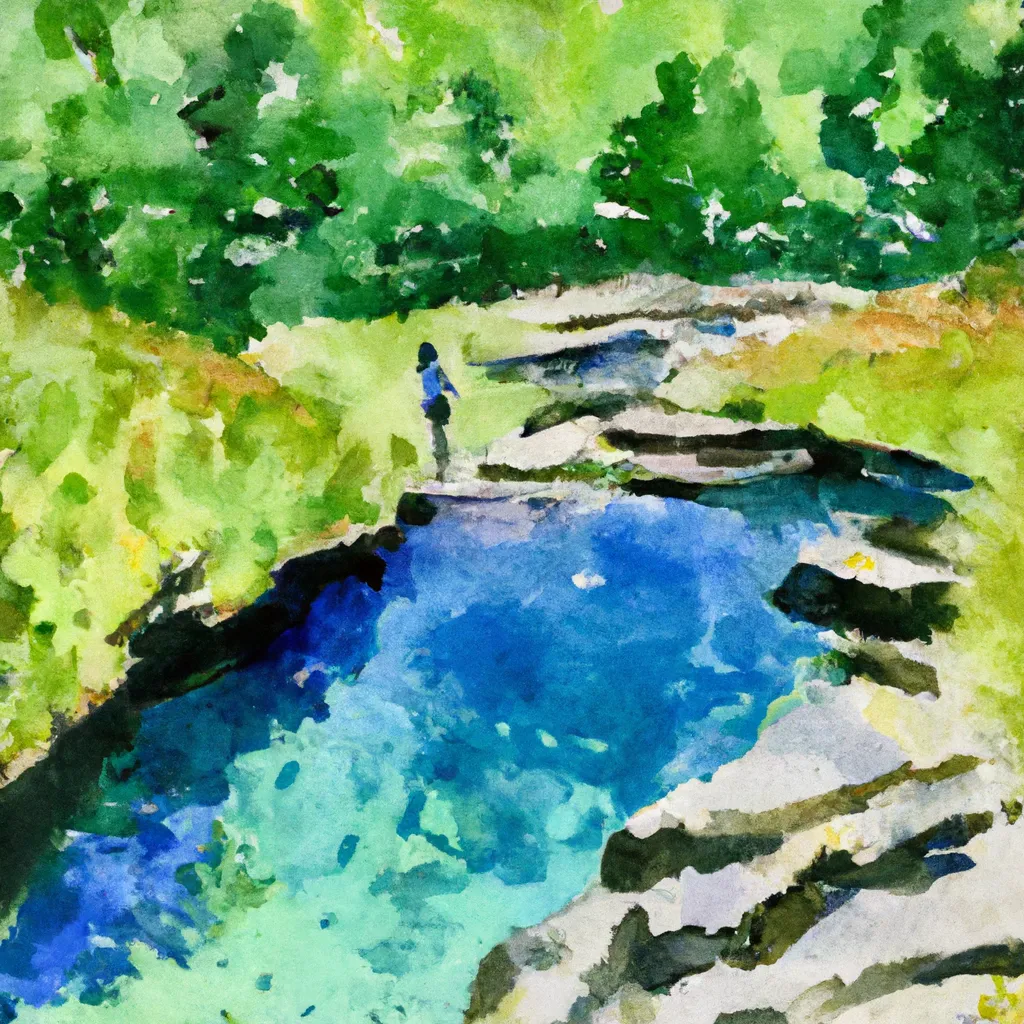 A person standing by the Blue Pools in Glen Rosa, surrounded by a lush green landscape and clear blue waters.