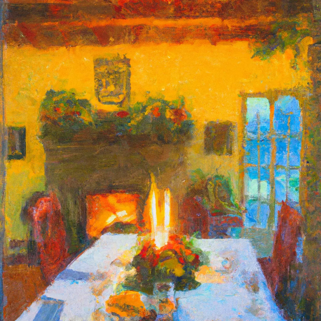 A cozy cottage with a table set for a meal, surrounded by the warm glow of a fireplace.