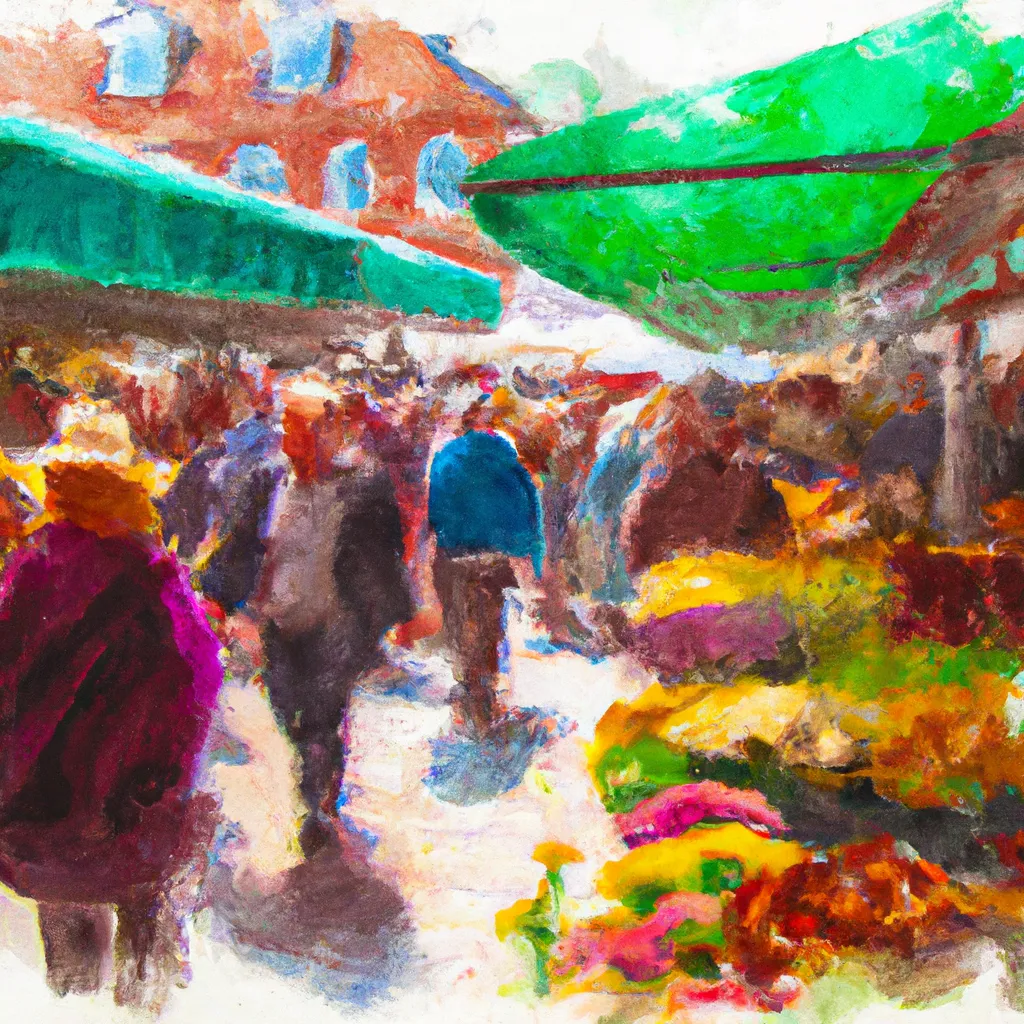 A person explores a lively local market in Kolt, Denmark, filled with colorful stalls and an array of handcrafted goods, fresh produce, and aromatic spices.