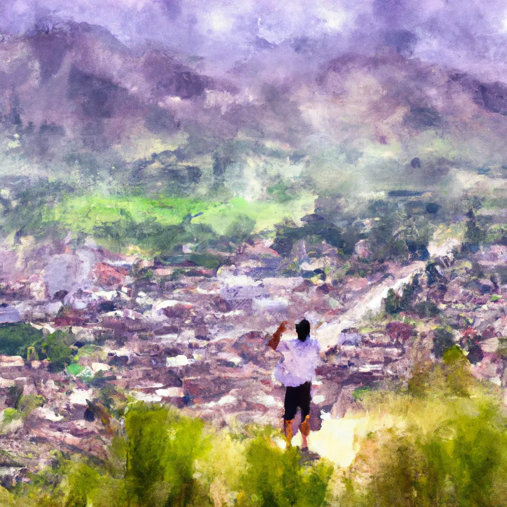 A person standing triumphantly at the summit of Cerro de Buenavista, overlooking the vibrant town of Buenavista, Colombia and its surrounding valleys.