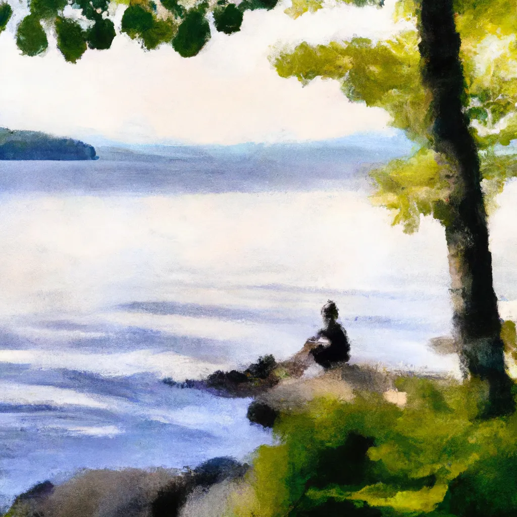 A person sitting by the peaceful shores of Lake Winnipesaukee, looking out at the serene landscape with a feeling of homesickness.