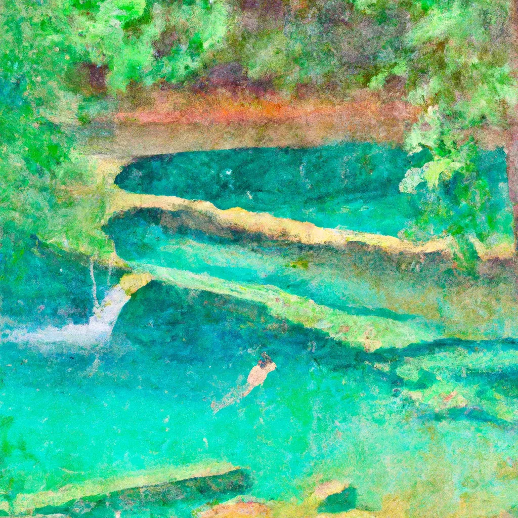 In Alberca el Manantial, a person is seen swimming in the crystal-clear waters of a natural pool surrounded by lush greenery and cascading waterfalls.