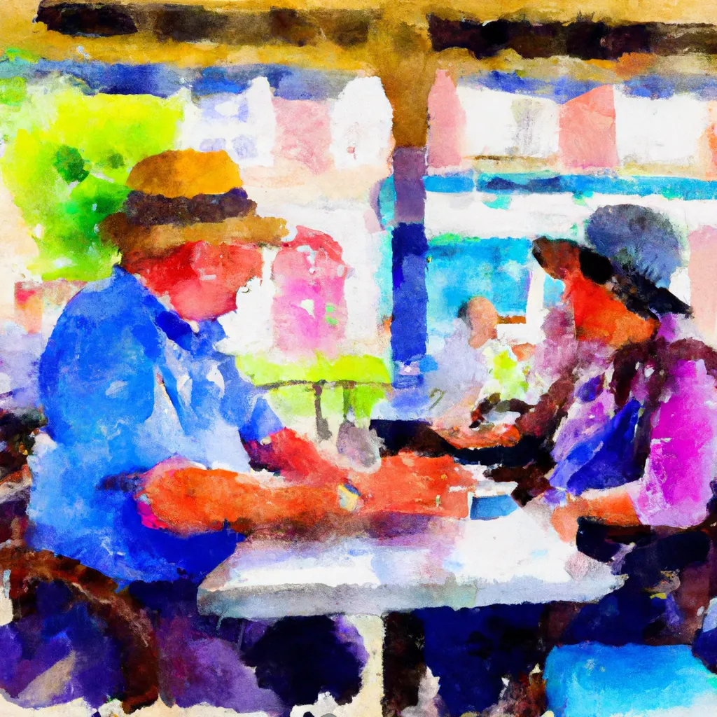 A traveler sits at a café table with a friendly stranger, who leans in to offer guidance and assistance for their exploration of the town.