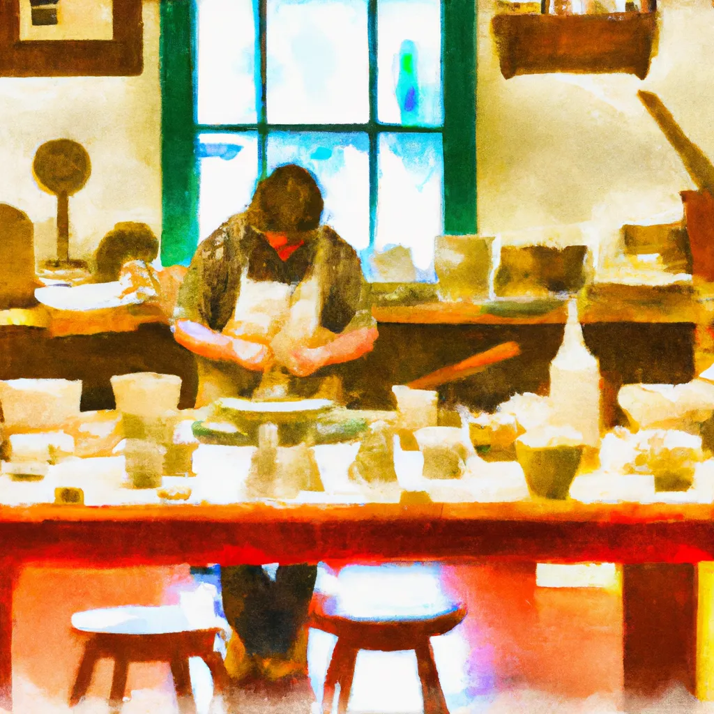 A person creating pottery at a local workshop in Fairwood, United States, with clay and tools on a table in front of them.