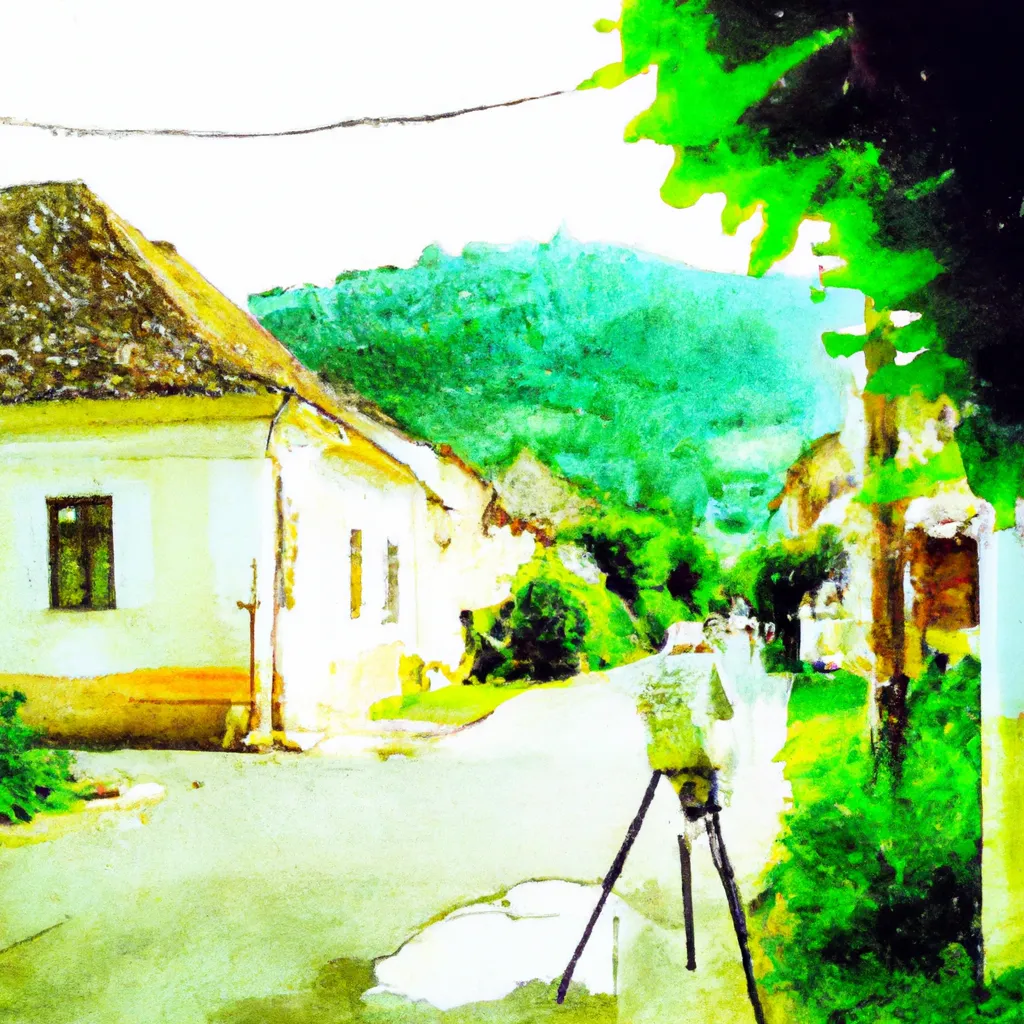 A person exploring the rustic streets of Lungani, Romania, capturing picturesque scenes with a DSLR camera.