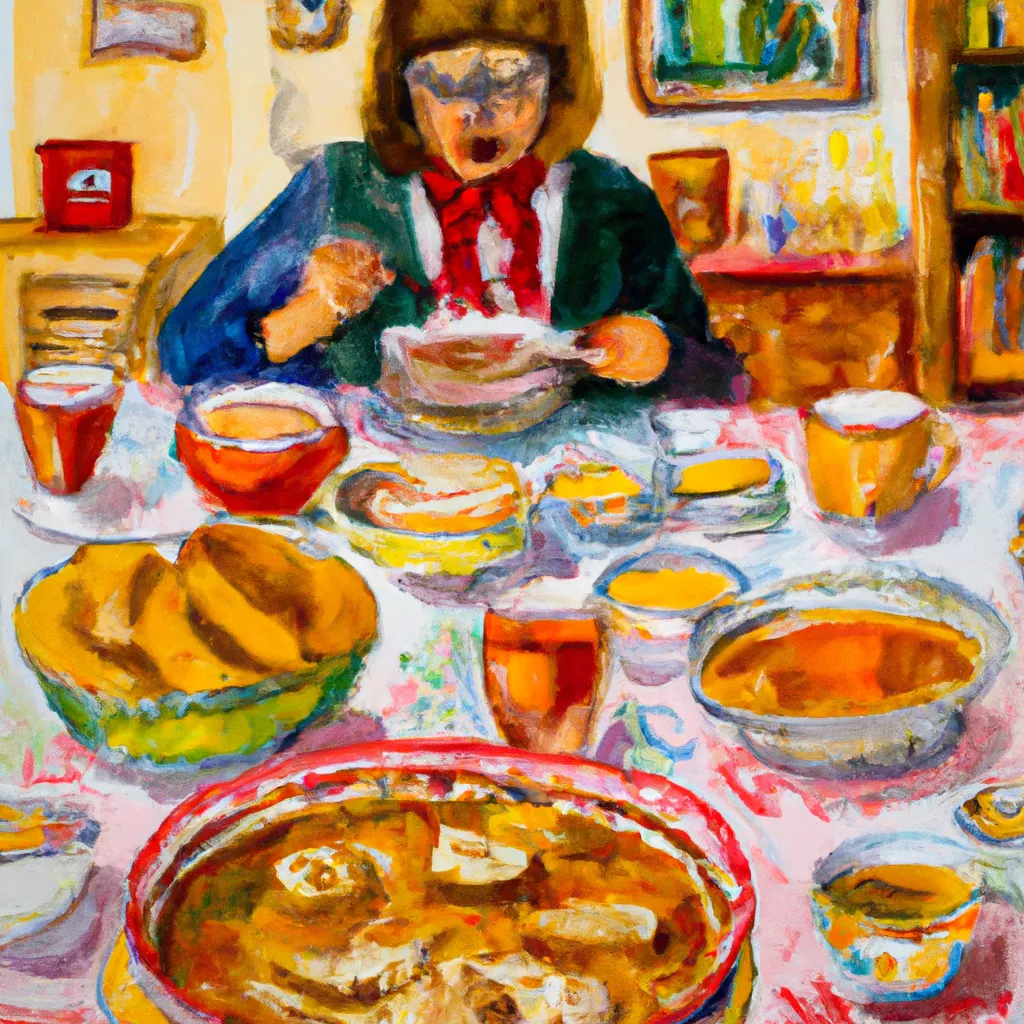 A person sitting in a cozy kitchen, enjoying a traditional Ukrainian meal prepared by warm-hearted locals, with a plate of borscht, varenyky, and honey cake in front of them.