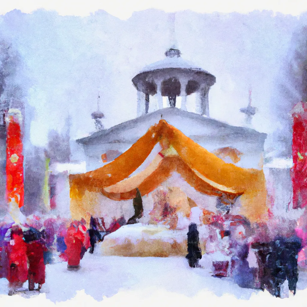 A crowd gathers around a beautifully decorated stage in Vorontsovka's central square, where a traditional Russian ceremony is taking place during Maslenitsa.