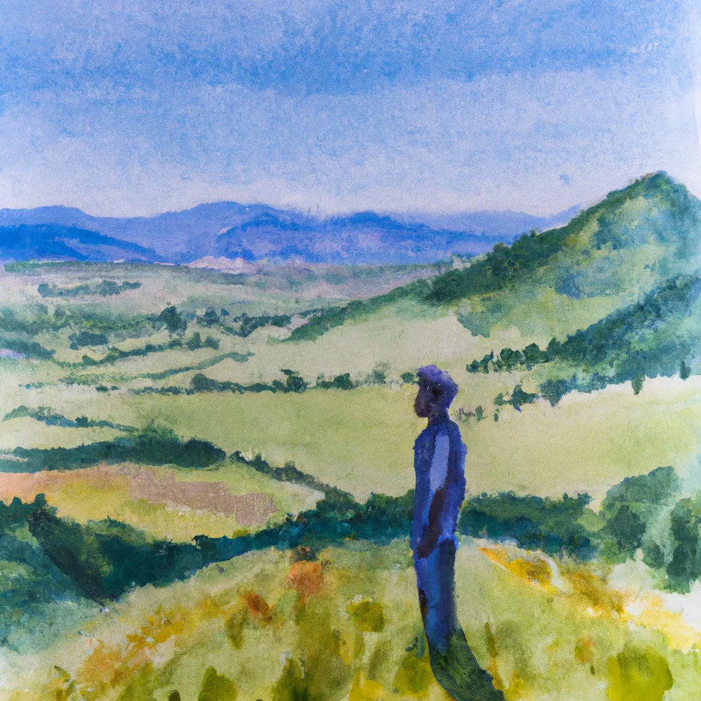 A hiker stands at the top of a mountain in Bezdead, Romania, overlooking a picturesque landscape of rolling hills and lush greenery.