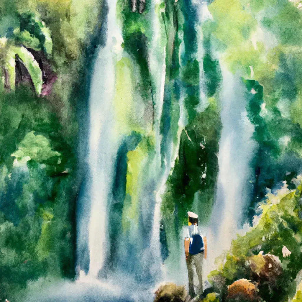 A traveler standing in front of a majestic waterfall, surrounded by lush greenery, with water cascading into a crystal-clear pool below.