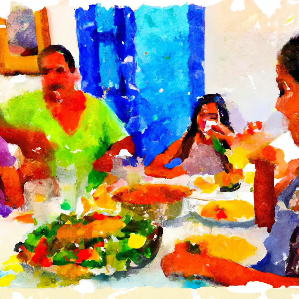 A person is enjoying a traditional Puerto Rican meal with a warm and welcoming family, surrounded by vibrant colors and friendly smiles.