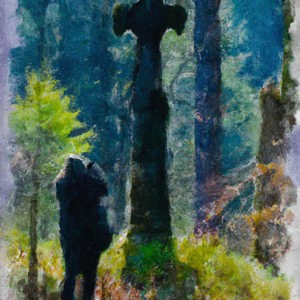 A person standing in front of the Schwarzer Herrgott, a mysterious black wooden sculpture nestled deep in the Bavarian Forest, capturing the moment with their camera.