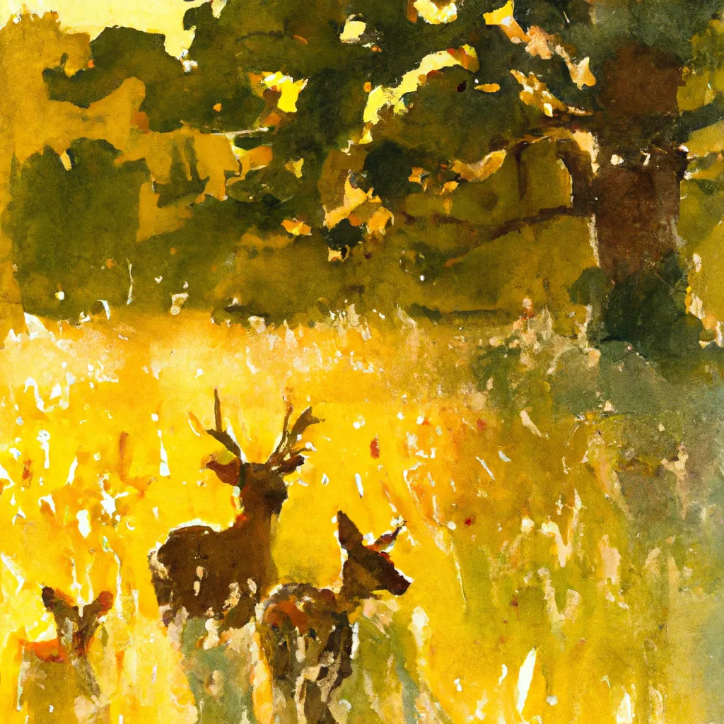 In a tranquil meadow bathed in golden light, a family of deer gracefully grazes, blending seamlessly into their natural surroundings.