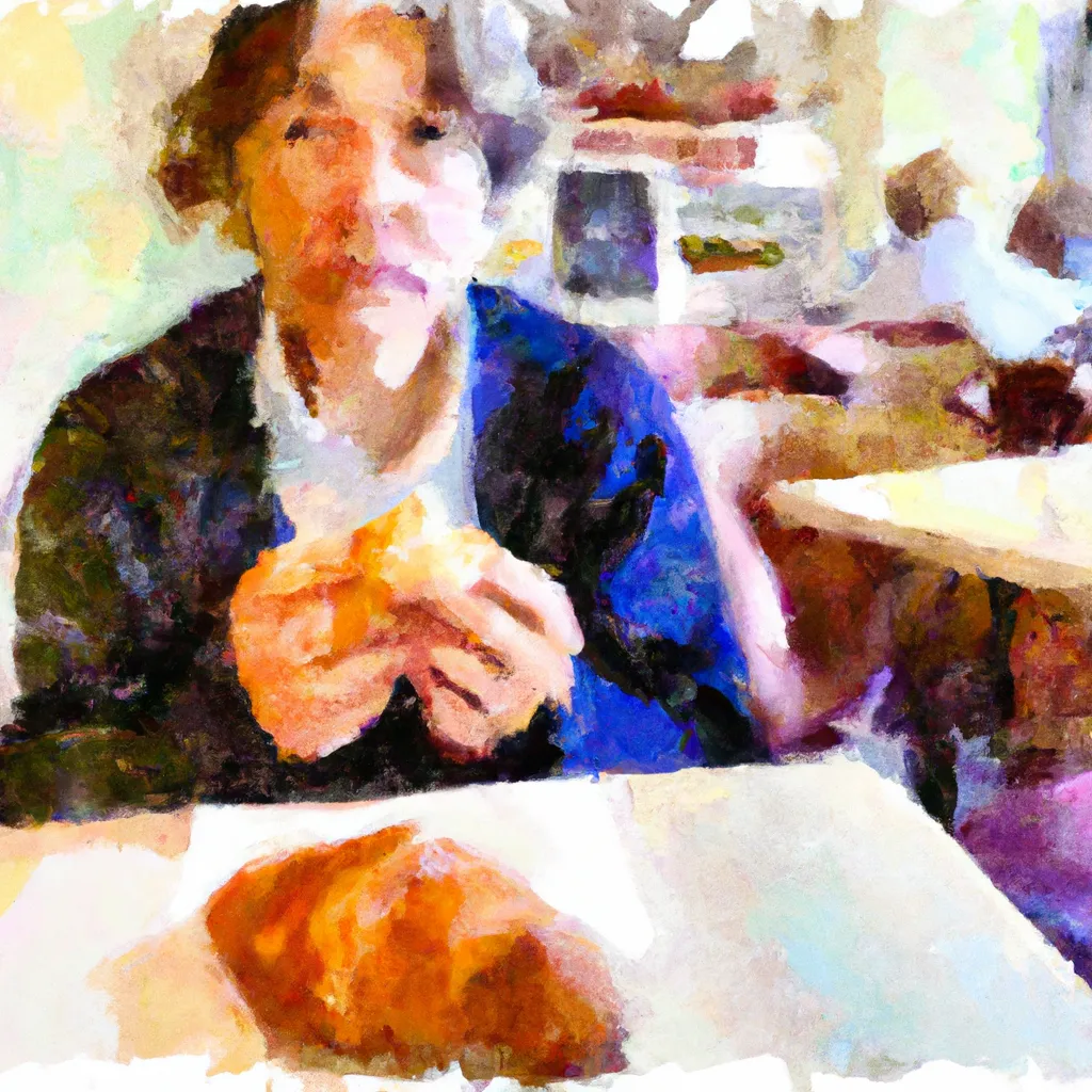 A person sitting in a cozy café, holding a croissant, with a puzzled expression on their face as they ask for butter.