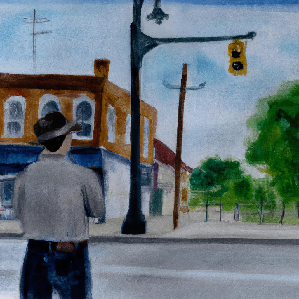 A person standing on a street in a small town, holding a camera and looking across the street where an old friend is standing, about to reunite after many years.