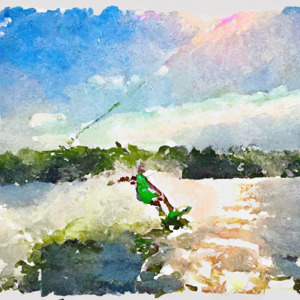 A person is wakeboarding on a lake, with the wake behind them and a sunny sky overhead.