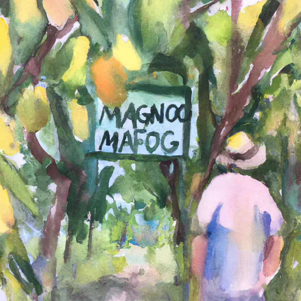 A person standing in front of a sign that reads "Mango Grove" surrounded by lush mango trees.