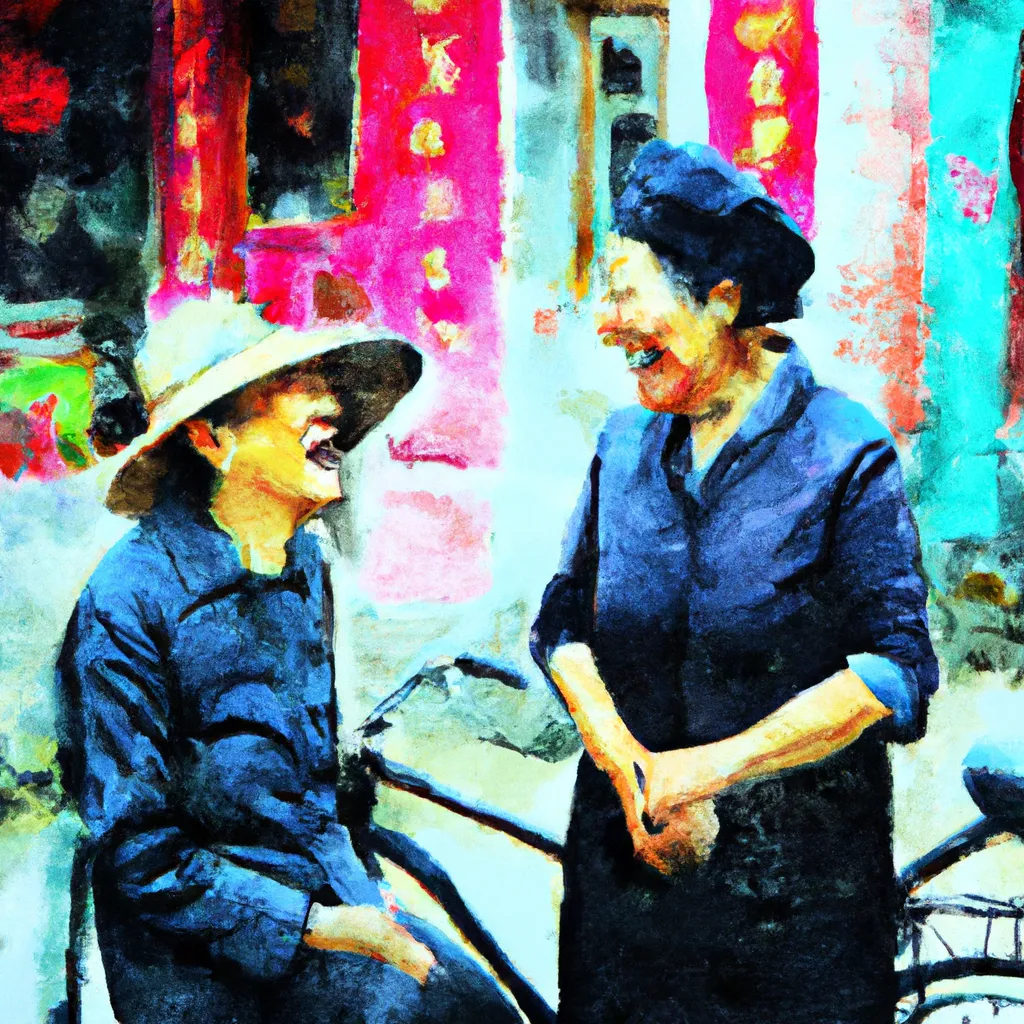 An image of a traveler in the town of Xipo, China, engaging in a friendly conversation with a local elderly woman, both laughing heartily despite the language barrier.