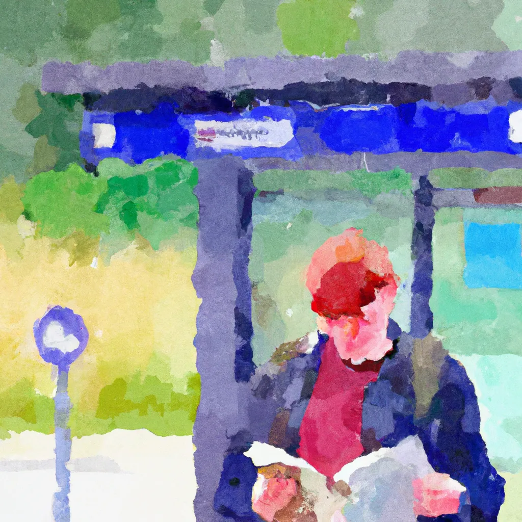 A traveler is standing at a bus stop, holding a map and trying to decipher the route numbers, looking confused.