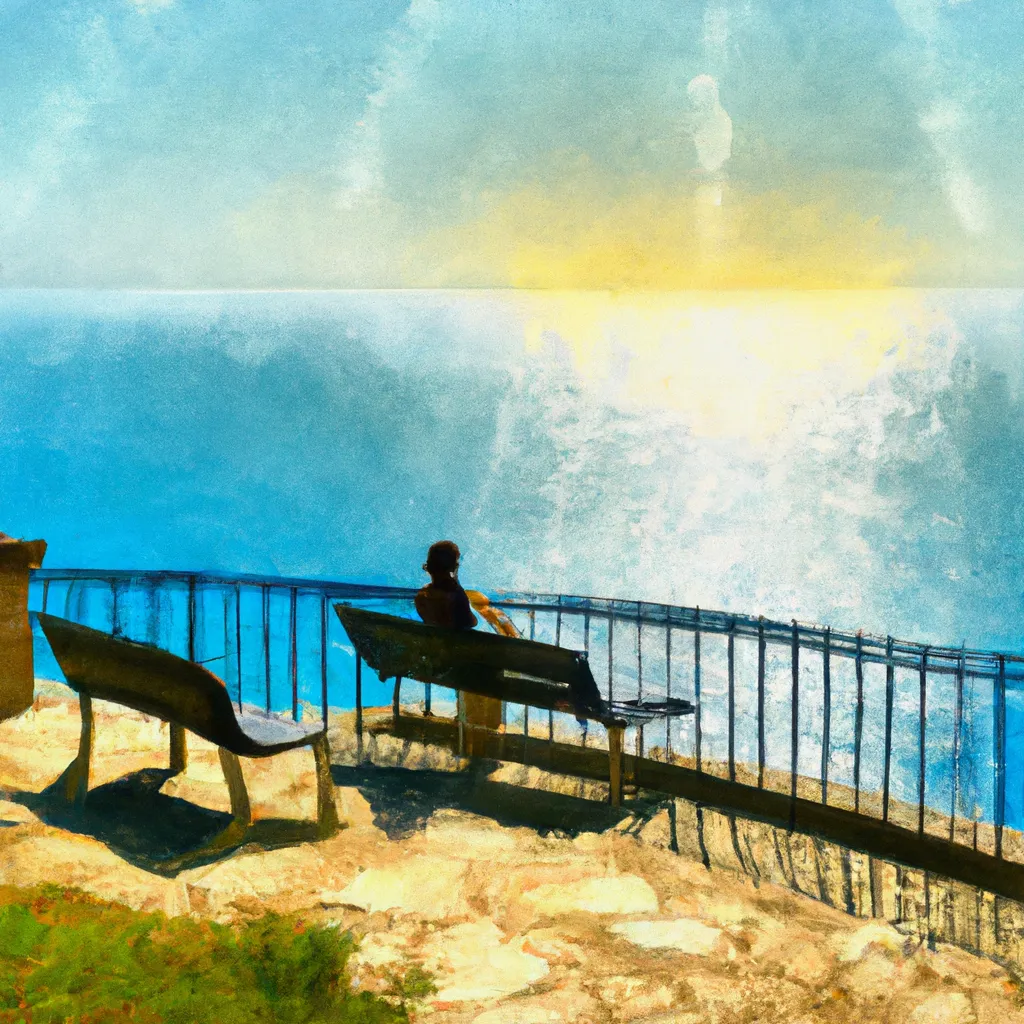 A person sitting on a bench at the Mirador de Calella, overlooking the coast of Sant Pol de Mar, with the Mediterranean Sea stretching out in front of them, creating a mesmerizing sight of golden sun rays dancing on azure blue waters.