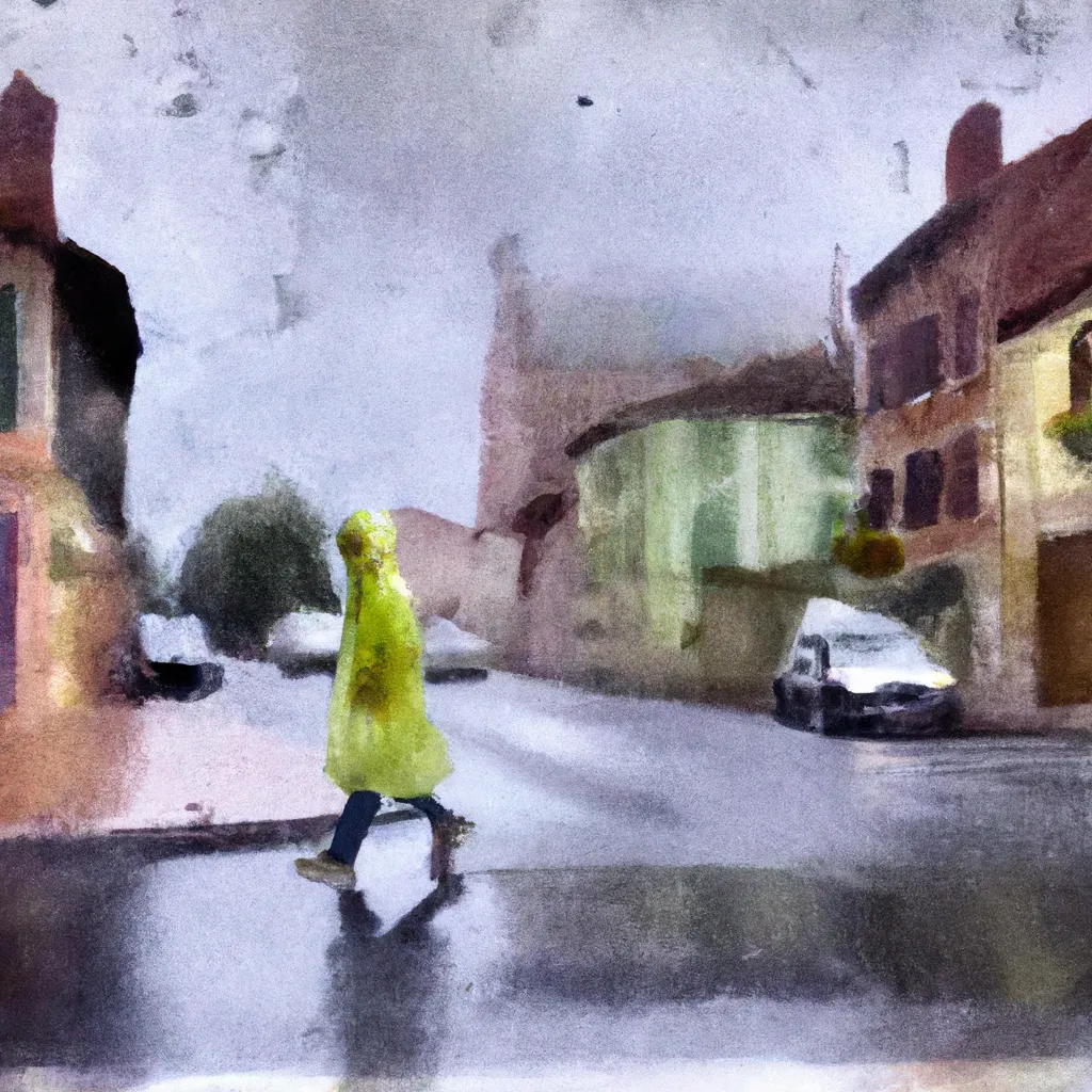 The image is of a person standing on a rain-soaked street in Lentilly, France, with buildings in the background.