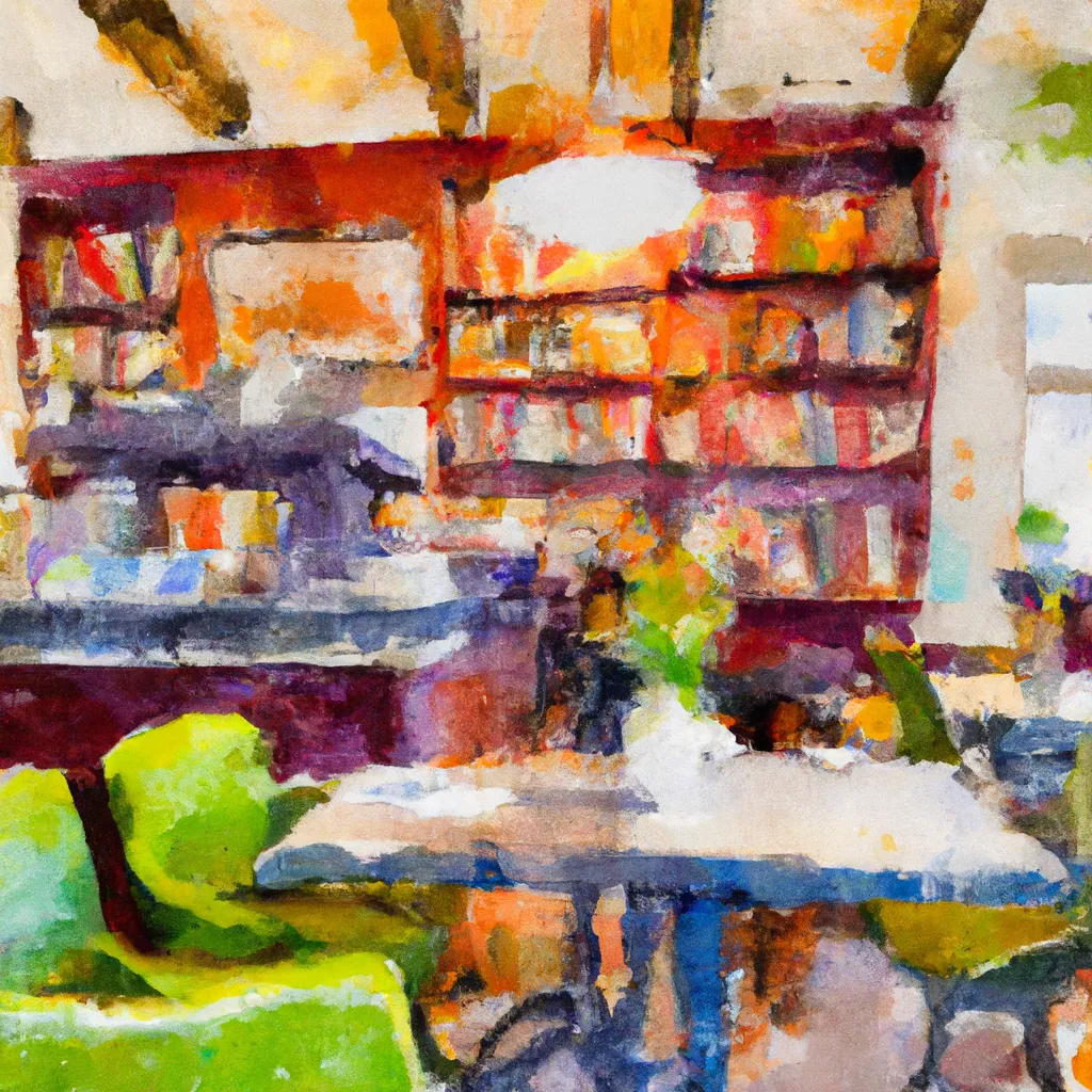 A cozy café in Langemark with colorful artwork, mismatched furniture, and a bookshelf filled with novels, creating a warm and inviting atmosphere.