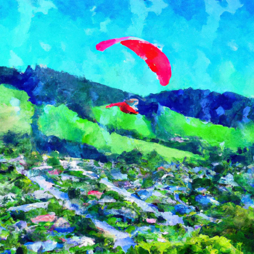 A person hang gliding high above the town of Kelburn, New Zealand, with breathtaking views of colorful houses and lush greenery below.