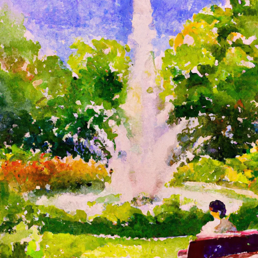 A person sitting in a peaceful park surrounded by lush greenery and a colorful, vibrant fountain.