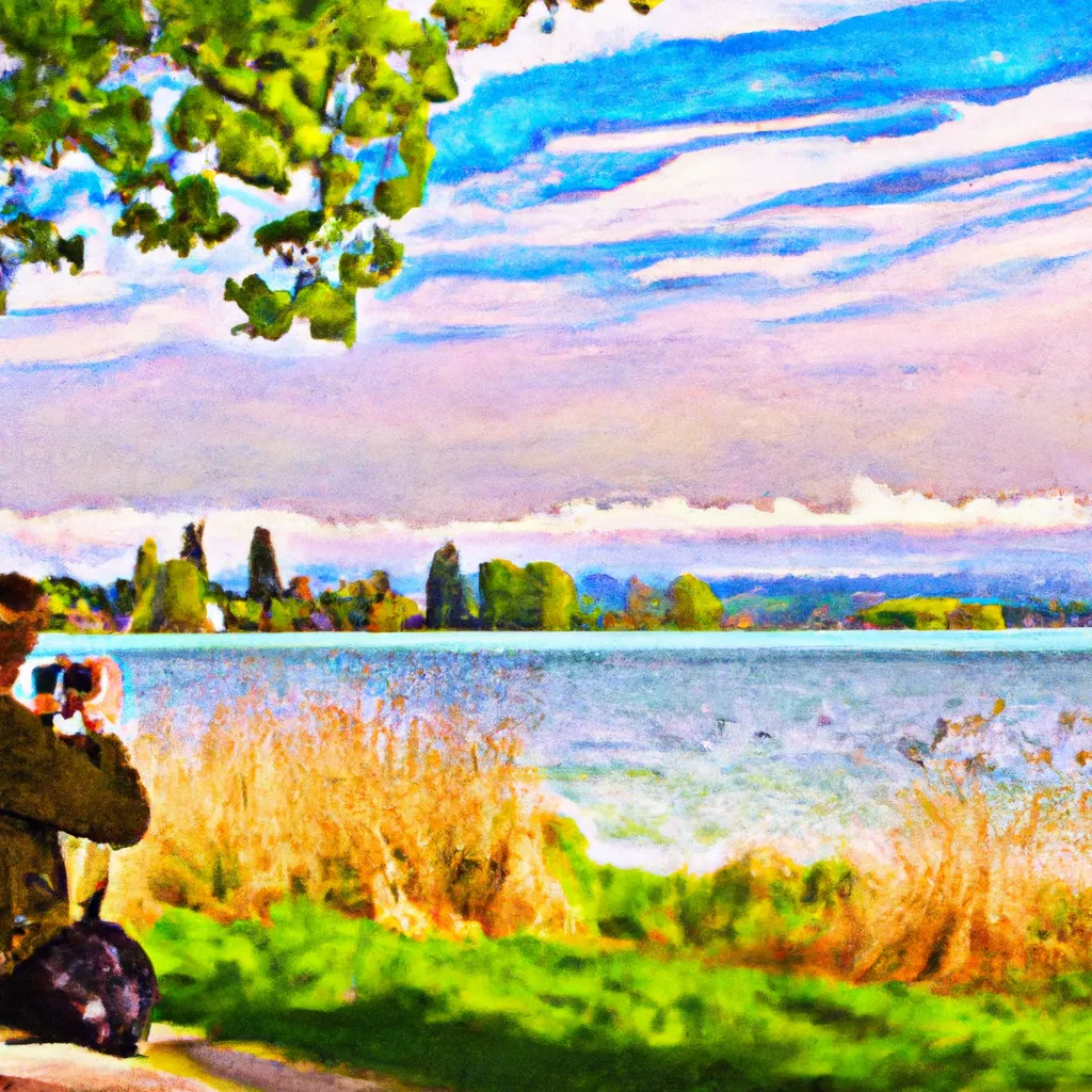 A person sitting by the lakeshore with a DSLR camera capturing the colorful surroundings of Brunnen Werrikon at Greifensee.