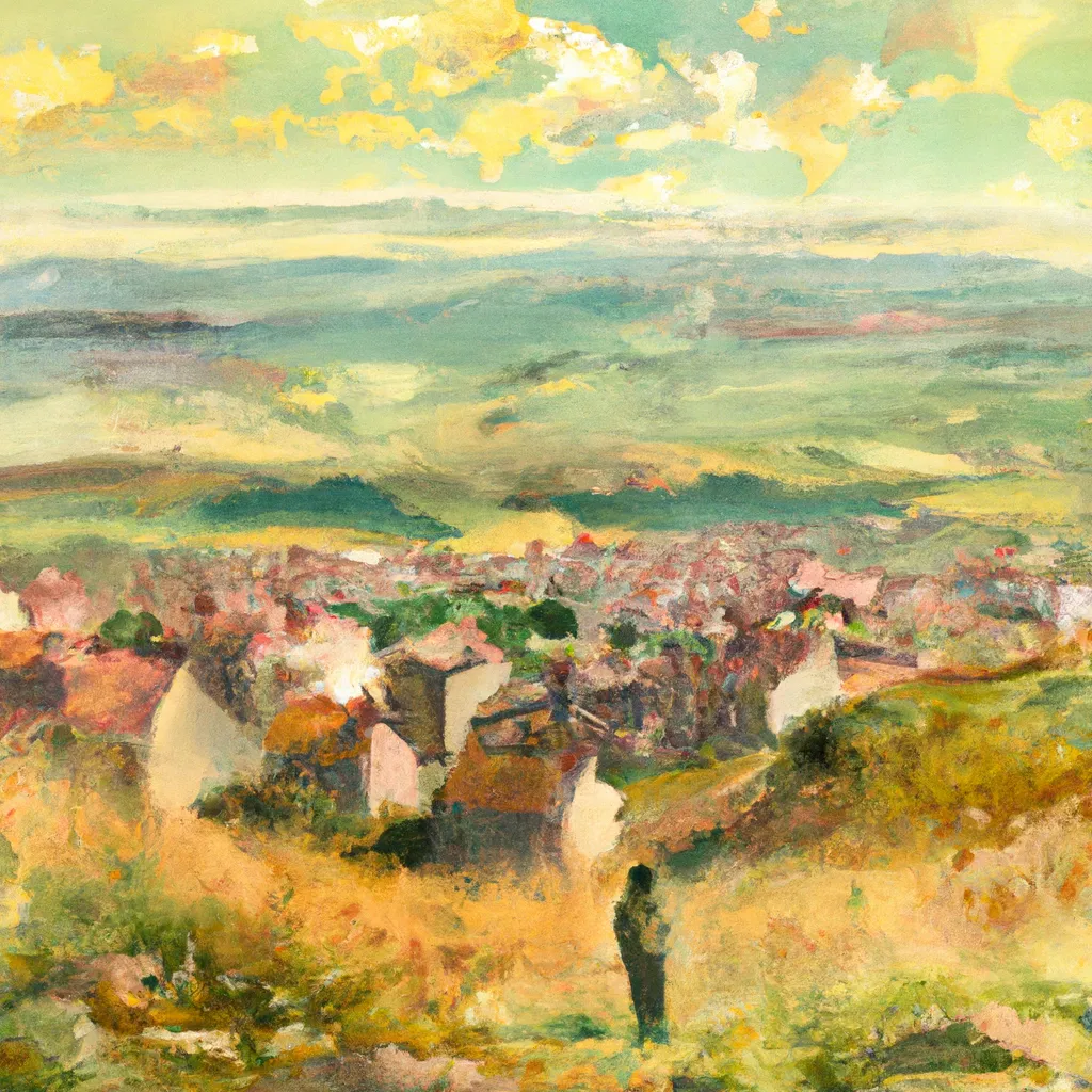 A person stands on a hilltop overlooking the town of Le Puy-Sainte-Réparade, with the picturesque landscape of rolling hills and quaint cottages stretching out before them.