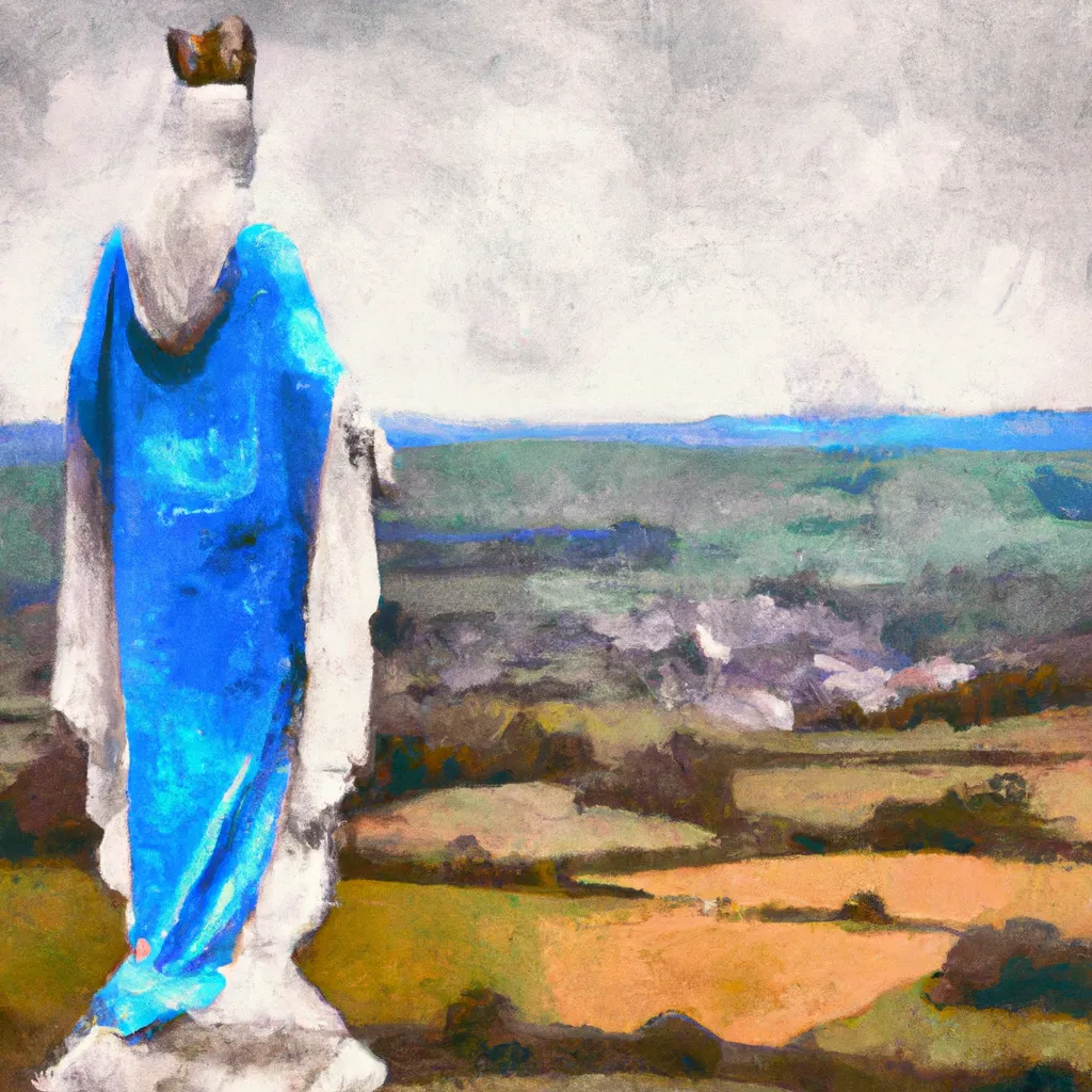 A person standing in front of the striking statue of the Virgin Mary, Gospin Kip, which is overlooking a beautiful valley.