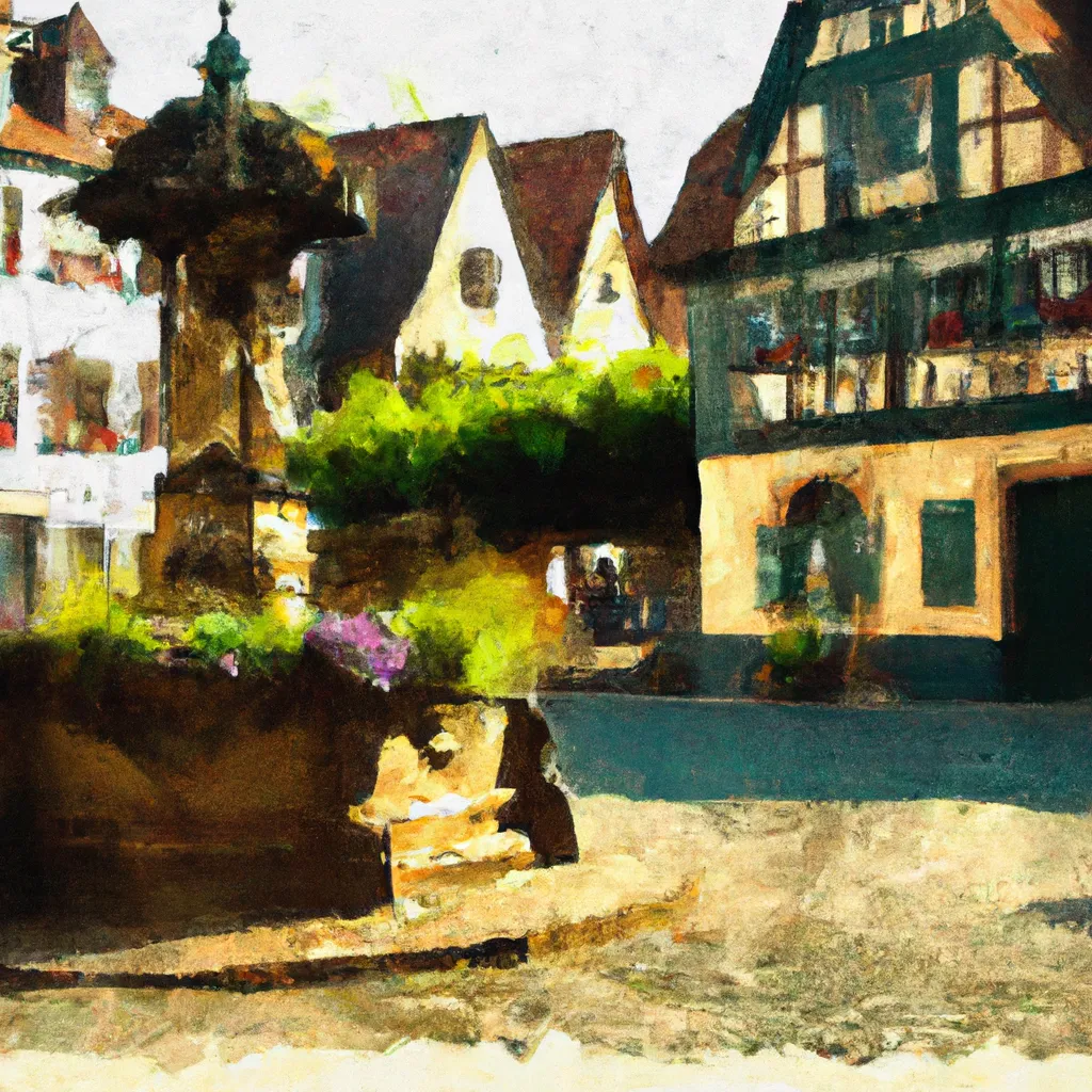 The image shows an ornate historic village fountain, surrounded by cobblestone alleys and half-timbered houses in the charming town of Ranstadt, Germany.