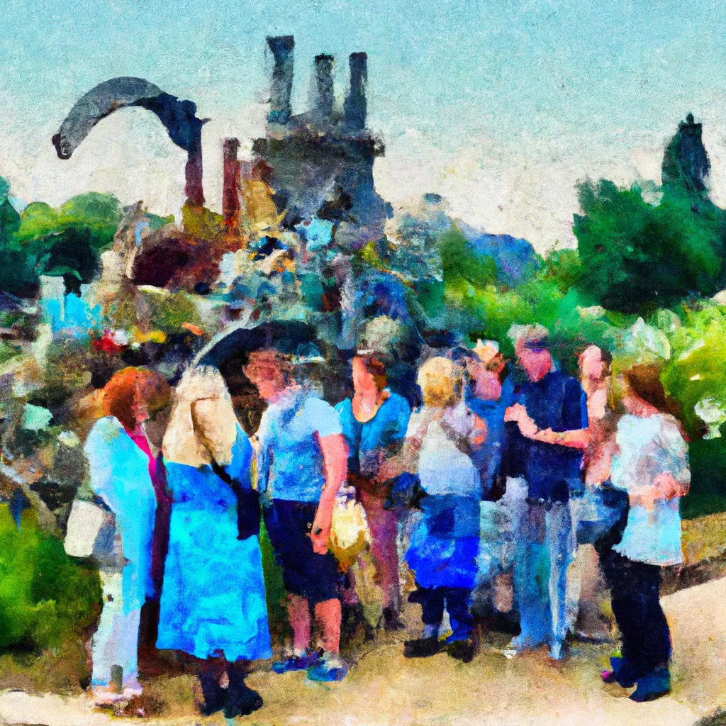 A group of travelers standing in front of an open-air museum filled with recycled sculptures and installations made from discarded materials.