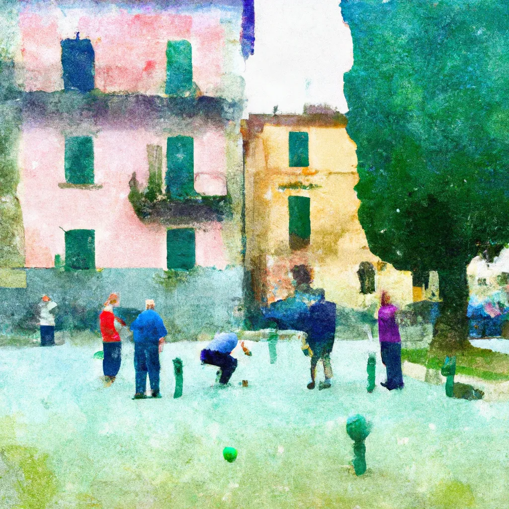 A group of locals playing a friendly game of bocce ball in the central piazza of Tecchiena, Italy.