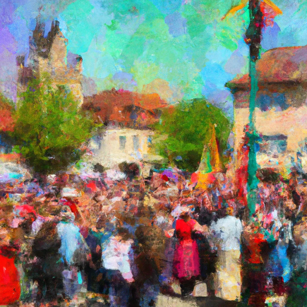 A crowd gathers in a town square, where locals dressed in vibrant traditional costumes participate in a procession for the Maibaumfest, raising the Maypole to celebrate the arrival of spring.