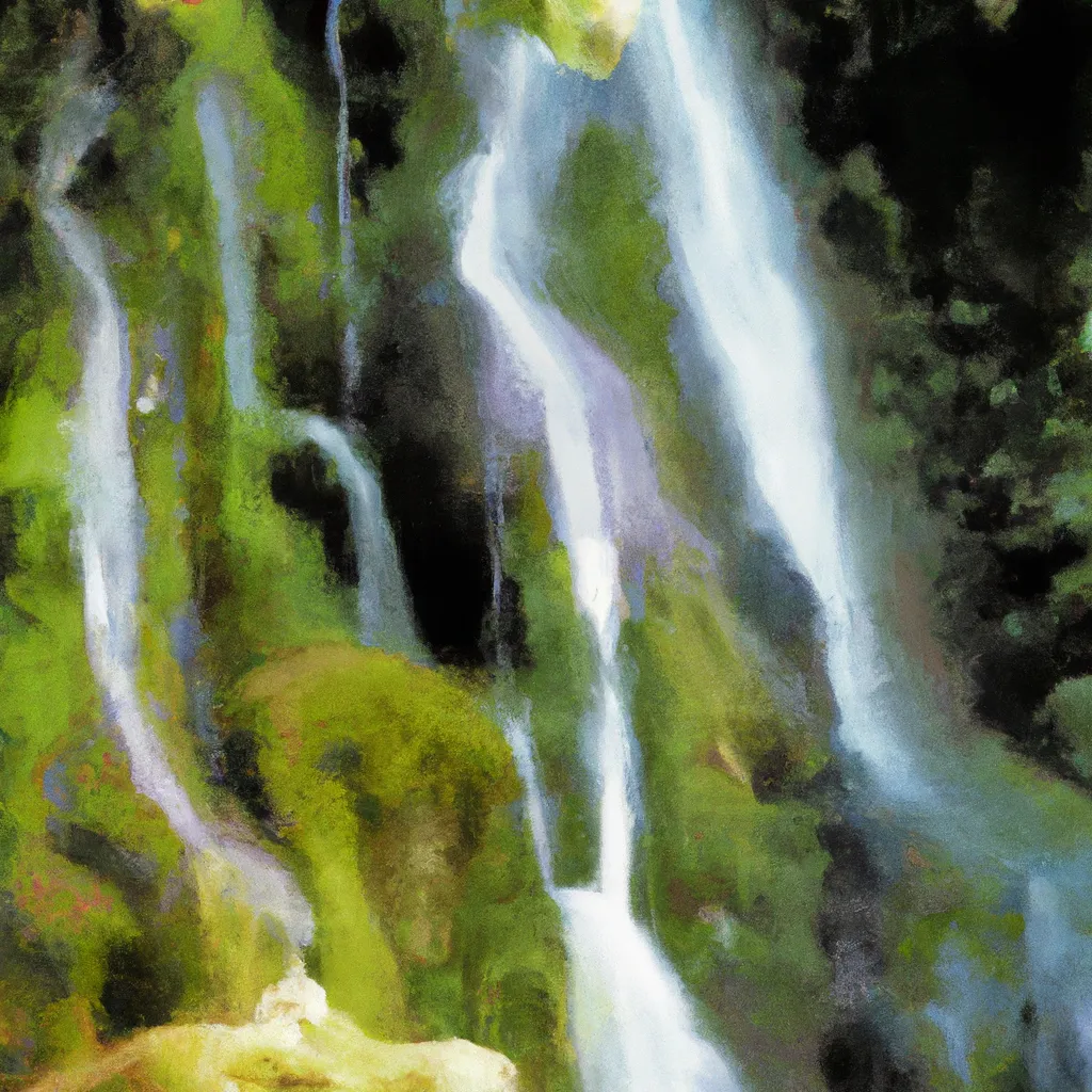 A waterfall cascades down moss-covered rocks, creating a shimmering curtain against a backdrop of lush greenery.