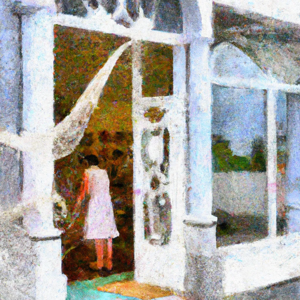 A person enters a lace gallery in Carrickmacross, Ireland, where lace makers are working on delicate creations.