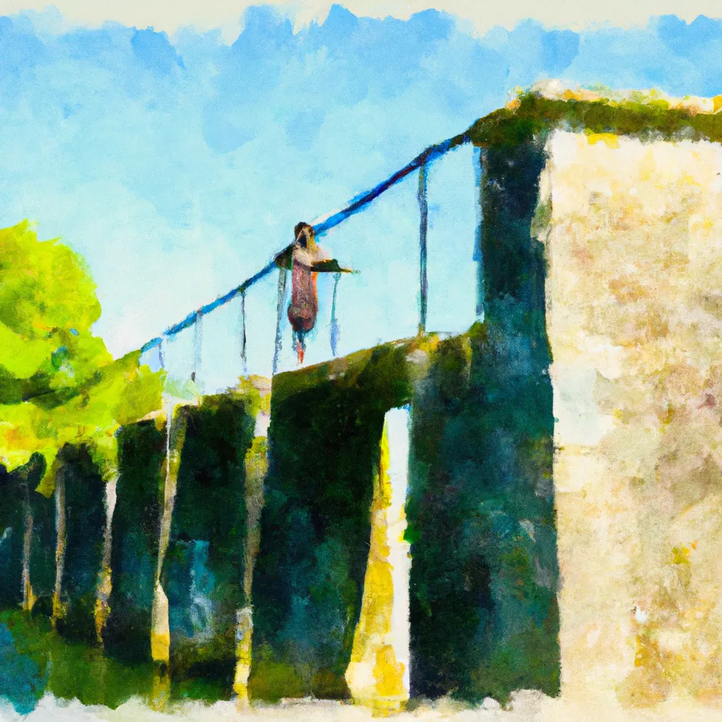 A person standing triumphantly on a historic bridge, overlooking a scenic river, conquering their fear of heights.