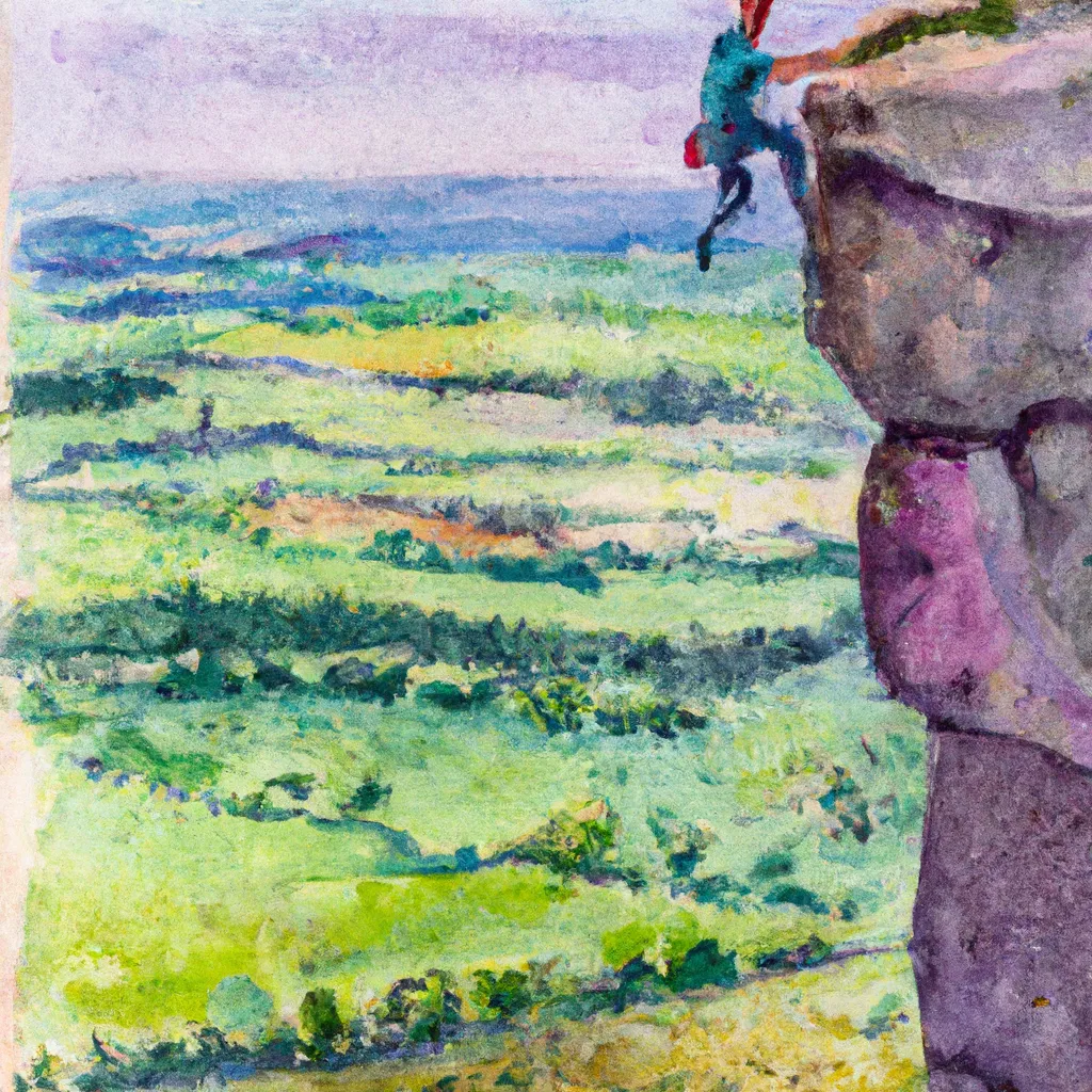 A person rock climbing up a tall rock face, with beautiful countryside views in the background.