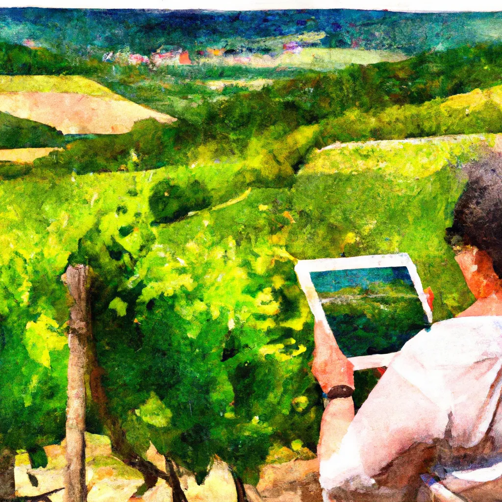 A person capturing a beautiful scenic view of the rolling hills and vineyards of Churfranken Kräutergarten im Weinberg, using their iPad to paint the scene with watercolors.