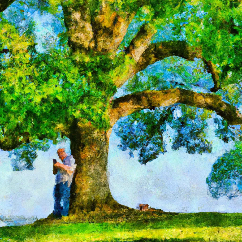 Amidst the serene setting of Mathews Park in Fairview Shores, a traveler's candid selfie captures an unexpected reunion with an old friend, Charlie, scribbling in his notebook under a towering oak tree.