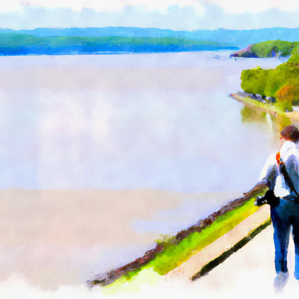 A person standing on a scenic riverwalk with the Hudson River stretching out in front of them, capturing the view with a DSLR camera.